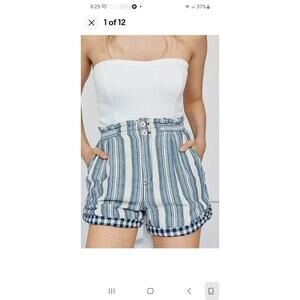 Anthro Pilcro High Rise Shorts 28 Paperbag Pleats Cuff Hem Stripe Blue Cotton